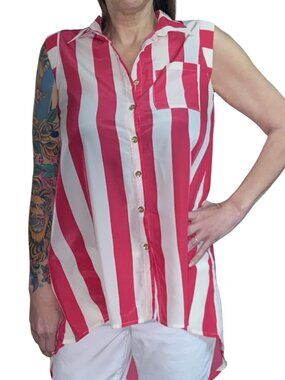 Sz.M*CALS*Hot Pink/White Vertical-Striped Sleeveless Hi-Lo Top